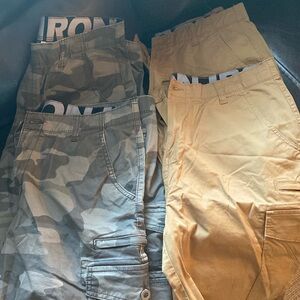 4 pair of iron co cargo shorts 2 camouflage/ 2 khaki